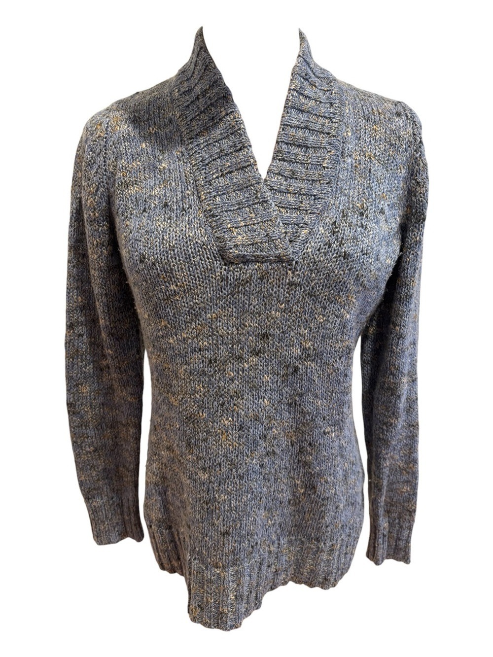 70s LIZ CLAIBORNE BLUE GRAY TWEED PREPPY V-NECK SHAWL COLLAR SWEATER SZ M - Picture 3 of 7
